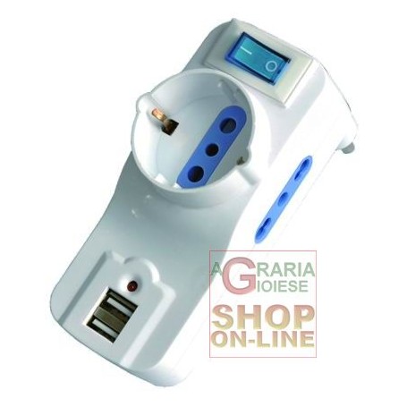 PRESA ADATTATORE TRIPLO 10/16A CON INTERRUTTORE SCHUKO E 2 USB ROTANTE